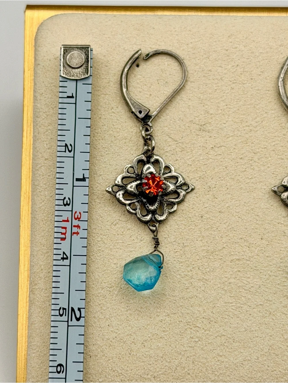 Vintage Style Filigree Drop Earrings with Red Crystals & Aqua Blue Dangles - Picture 6 of 7
